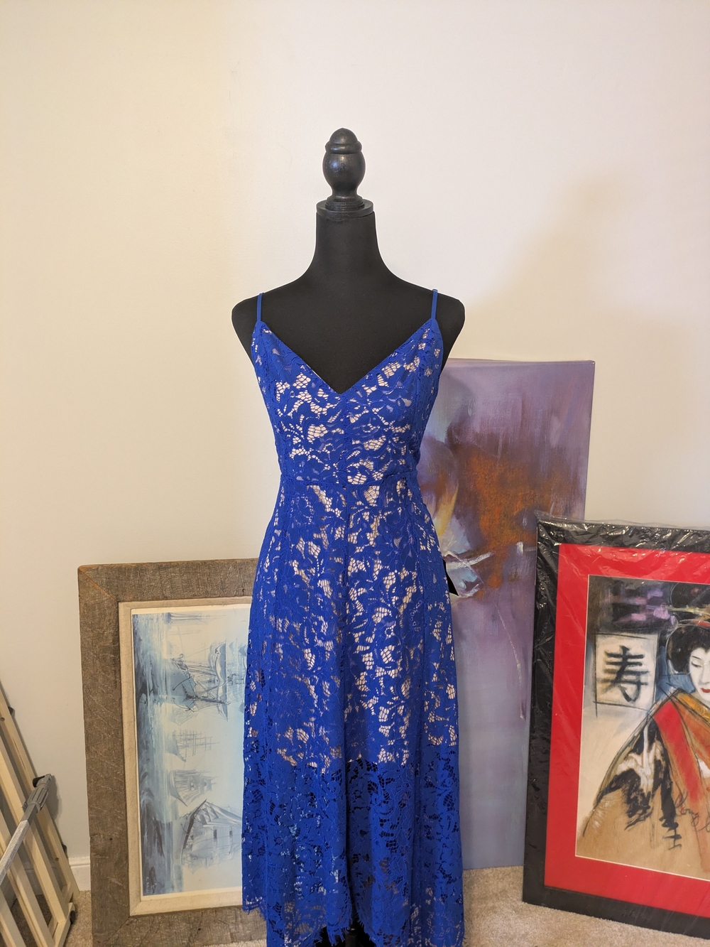NWT Lulu's One Wish Blue Lace Midi Dress Size L Asymmetrical Handkerchief Hem